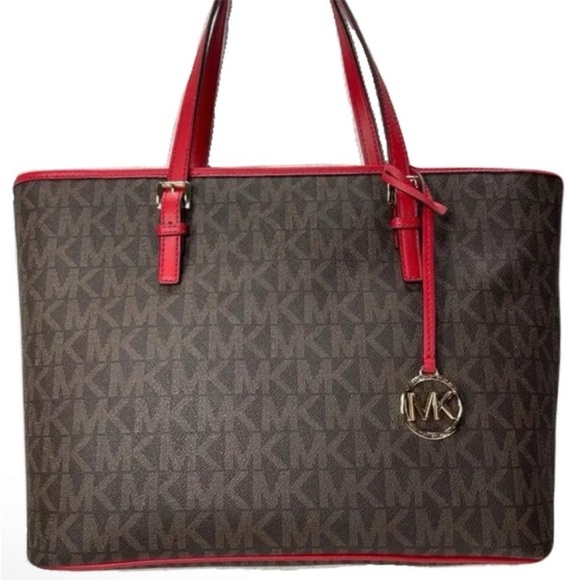 Michael Kors Signature Brown Tote with Red Trim - Picture 1 of 4